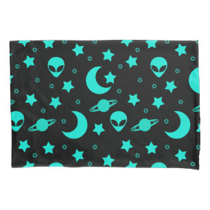 Turquoise Alien Pattern with Stars and Moons Pillowcase