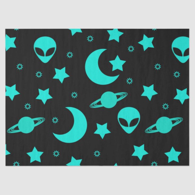 Turquoise Alien Pattern with Stars and Moons Tissue Paper (Front)