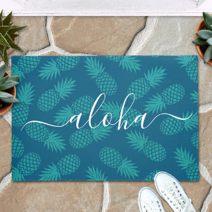 Turquoise aloha script pineapple pattern modern doormat