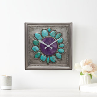 Turquoise and Amethyst Jewel Toned Square Wall Clock