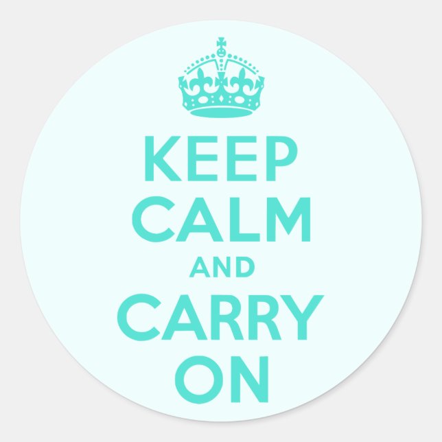 Turquoise and Azure Keep Calm and Carry On Classic Round Sticker (Front)