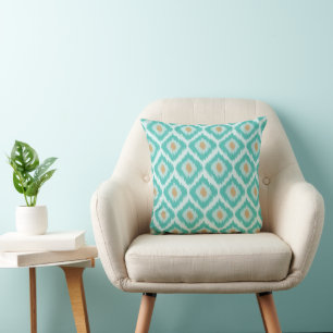 Turquoise And Beige Diamond Ikat Pattern Throw Pillow