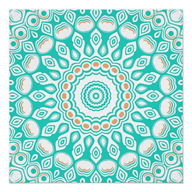 Turquoise and Beige Ocean Mandala Pattern Poster (Front)