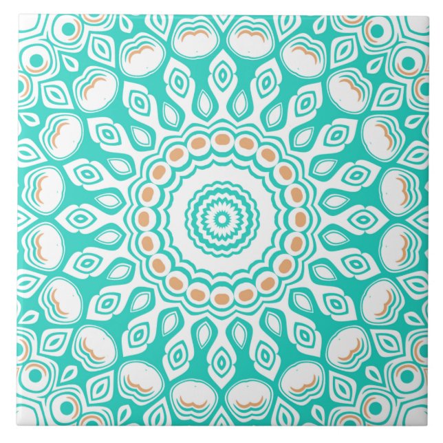 Turquoise and Beige Ocean Mandala Pattern Tile (Front)