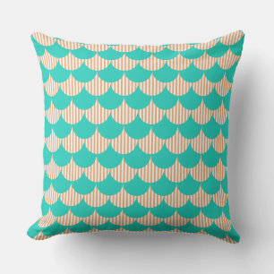 Turquoise and Beige Striped Mermaid Scales Pattern Throw Pillow