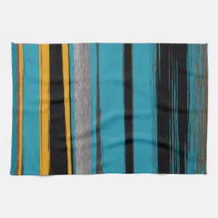 Turquoise And Black - Abstract Art Stripes Kitchen Towel