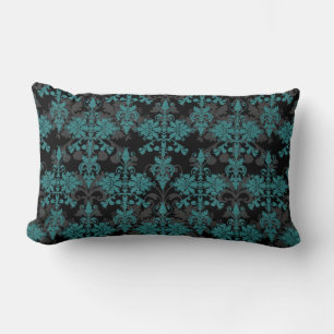 Turquoise and Black Damask Lumbar Pillow