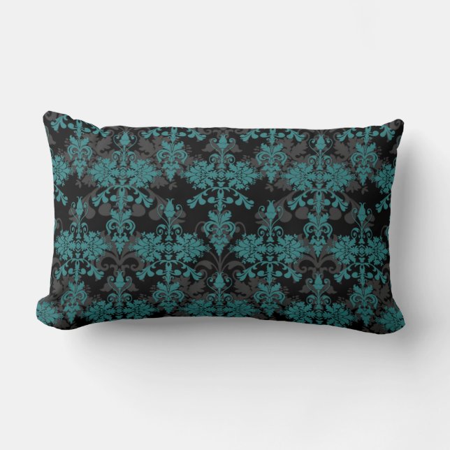 Turquoise and Black Damask Lumbar Pillow (Front)