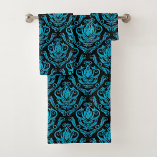 Turquoise and Black Damask Print Towel Set
