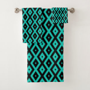 Turquoise and black diamond pattern bath towel set