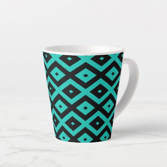 Turquoise and black diamond pattern latte mug (Right Angle)