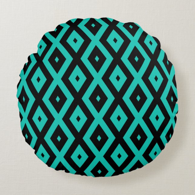 Turquoise and black diamond pattern round pillow (Front)
