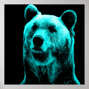 Turquoise and Black Grizzly Bear Portrait Poster