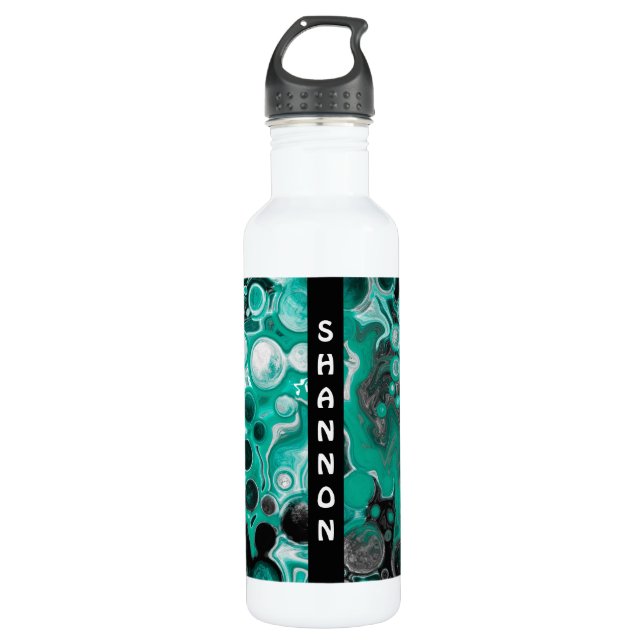 Turquoise and Black Personalized Marble Fluid Art  710 Ml Water Bottle (Front)