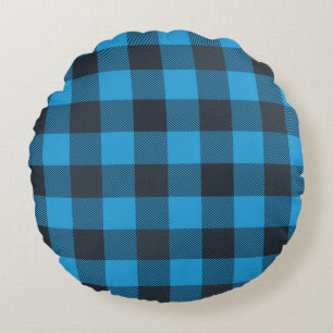 Turquoise And Black Plaid Round Pillow