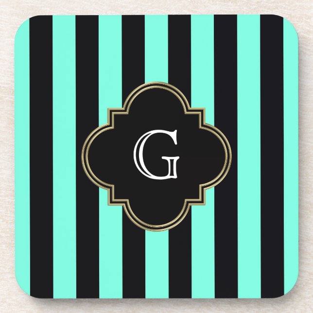 Turquoise and Black Stripes Pattern with Monogram Coaster (Front)