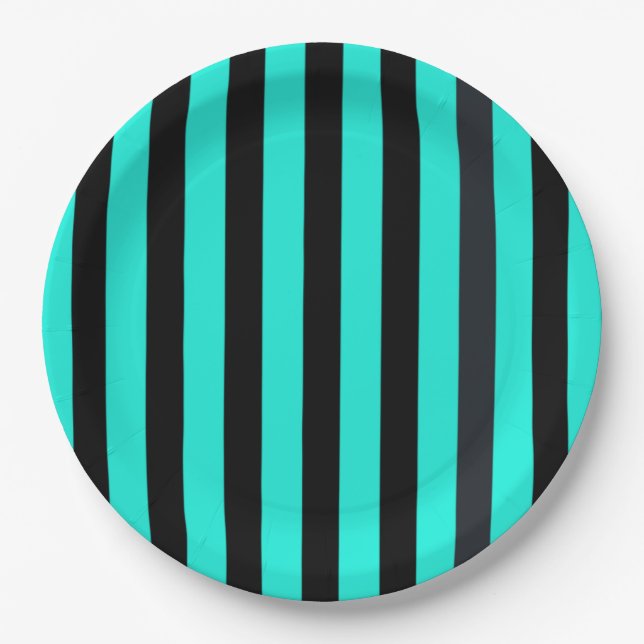 Turquoise and black stripes print paper plate (Front)