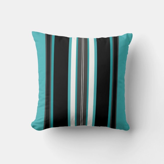 Turquoise and Black Stripes  Throw Pillow (Front)