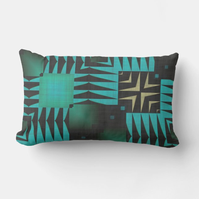 Turquoise and black textured geometric lumbar pillow (Front)