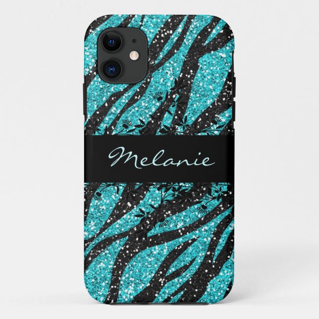 Turquoise and Black Zebra Print Glitter iPhone 5 Case-Mate iPhone Case (Back)