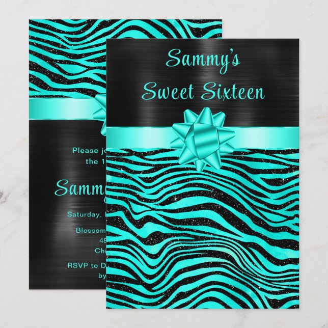Turquoise and Black Zebra Stripes Sweet Sixteen Invitation (Front/Back)