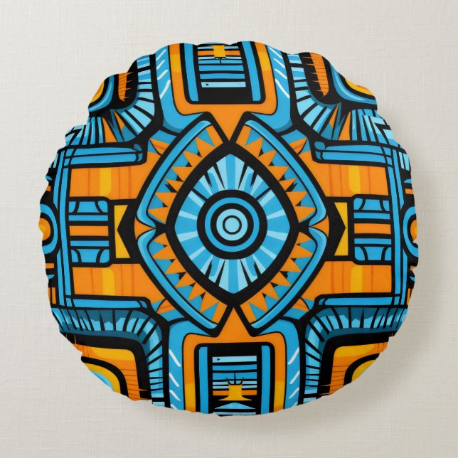  turquoise and blue abstract pattern round pillow (Front)