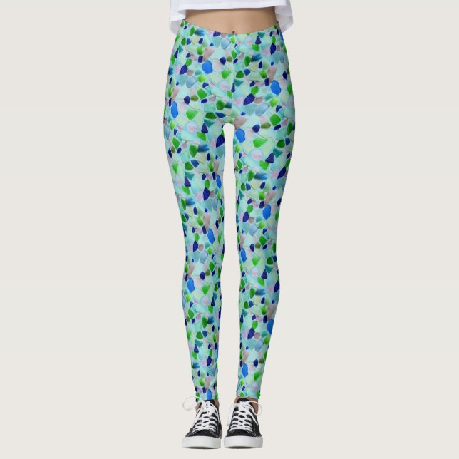 Turquoise and Blue Beach Sea Glass Leggings (Front)