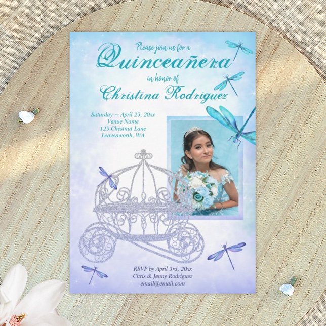 Turquoise and Blue Carriage Quinceañera Invitation (light blue and turquoise quinceanera invitations)