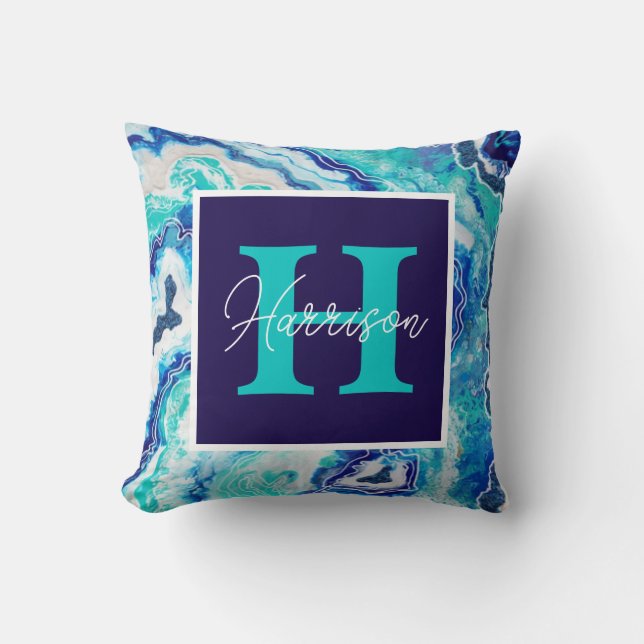 Turquoise and Blue Marble Monogram Name Beach  Throw Pillow (Front)