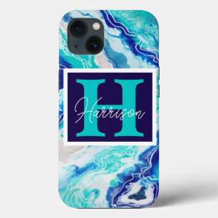Turquoise and Blue Marble Monogram Name Beachy iPhone 13 Case