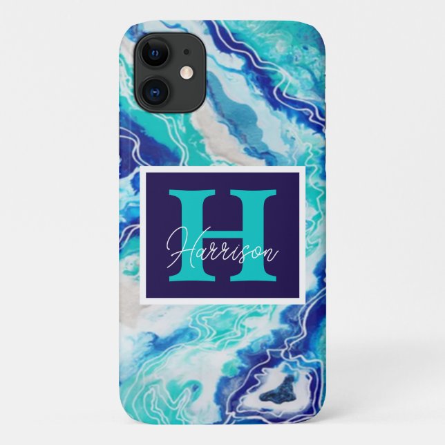 Turquoise and Blue Marble Monogram Name Beachy  Case-Mate iPhone Case (Back)