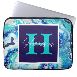 Turquoise and Blue Marble Monogram Name Beachy Laptop Sleeve