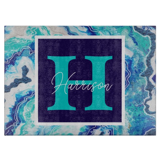 Turquoise and Blue Marble Personalized  Cutting Board (Front)
