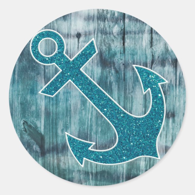 Turquoise and Blue Nautical Glitter Anchor on Wood Classic Round Sticker (Front)