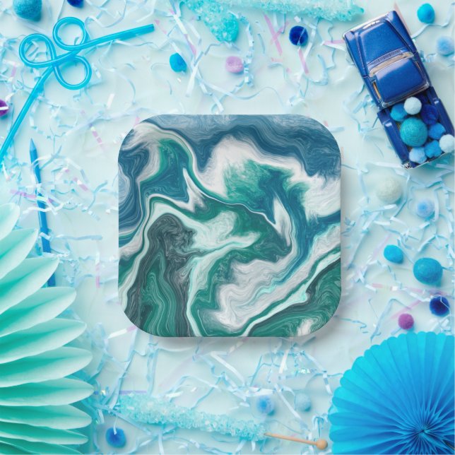 Turquoise and Blue Ocean Wave Swirls  Paper Plate (Party)