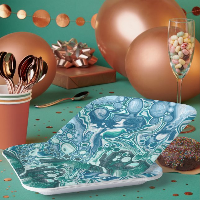 Turquoise and Blue Ocean Waves and Bubbles Paper Plate (Multi)
