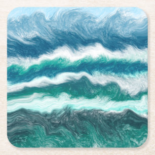 Turquoise and Blue Ocean Waves Square Paper Coaster