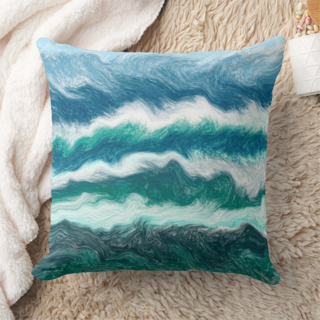 Turquoise and Blue Ocean Waves   Throw Pillow (Blanket)