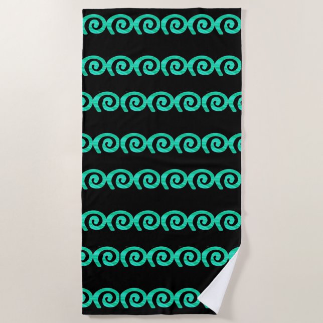 Turquoise and blue spirals pattern on black beach towel (Front)