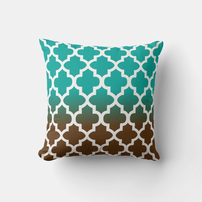 Turquoise and Brown Blend Quatrefoil Pattern Throw Pillow (Front)