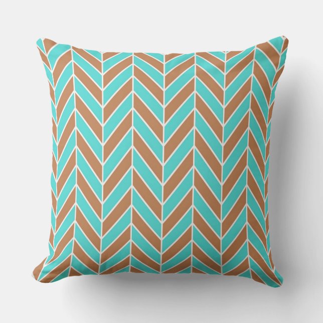 Turquoise And Brown Herringbone Throw Pillow (Front)