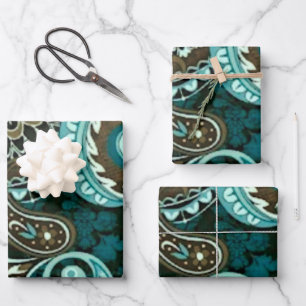 Turquoise and Brown Vintage Paisley Wrapping Paper Sheet