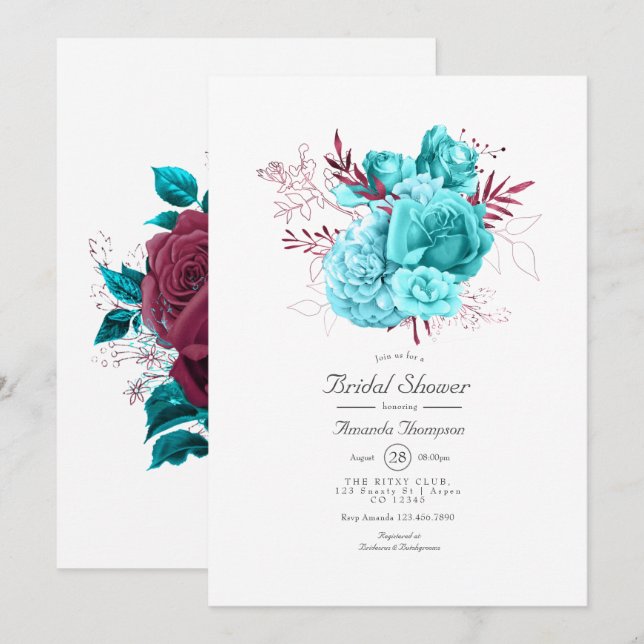 Turquoise and Burgundy Floral Bridal Shower Invita Invitation (Front/Back)