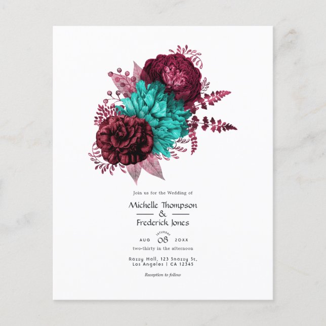 Turquoise and Burgundy Floral Wedding Invitation Flyer (Front)