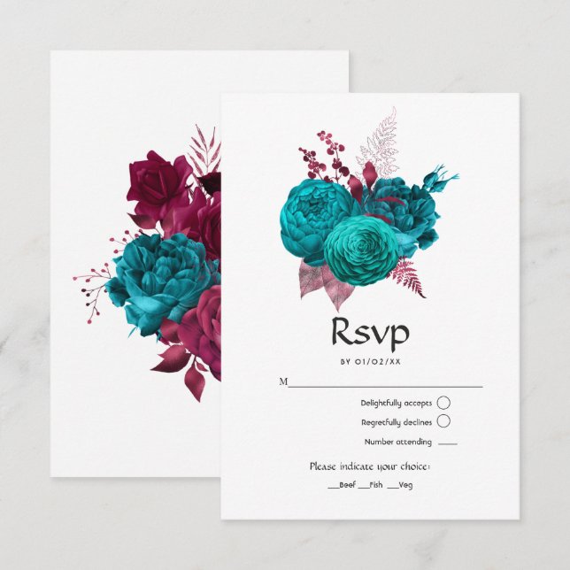 Turquoise and Burgundy Floral Wedding RSVP Card (Front/Back)