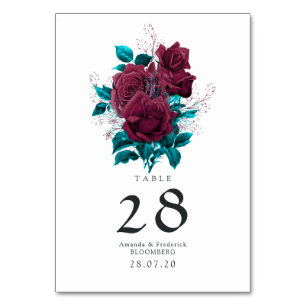 Turquoise and Burgundy Floral Wedding Table Number