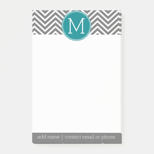 Turquoise and Charcoal Chevrons Custom Monogram Post-it Notes (Front)