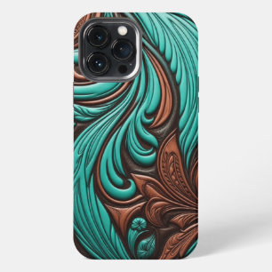 Turquoise and Chocolate Tooled Western Patterns iPhone 13 Pro Max Case