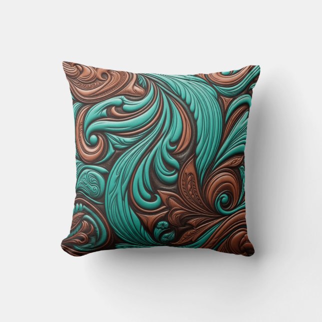 Turquoise and Chocolate Tooled Western Patterns Throw Pillow (Front)