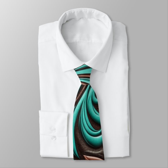 Turquoise and Chocolate Tooled Western Patterns Tie (Tied)